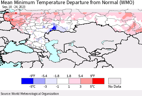 Russian Federation Mean Minimum Temperature Departure from Normal (WMO) Thematic Map For 9/18/2023 - 9/24/2023