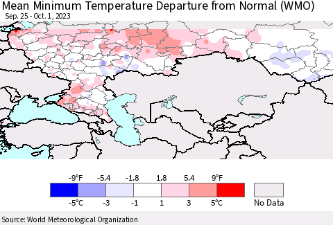 Russian Federation Mean Minimum Temperature Departure from Normal (WMO) Thematic Map For 9/25/2023 - 10/1/2023