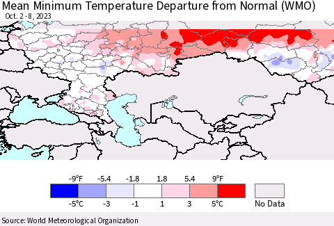 Russian Federation Mean Minimum Temperature Departure from Normal (WMO) Thematic Map For 10/2/2023 - 10/8/2023