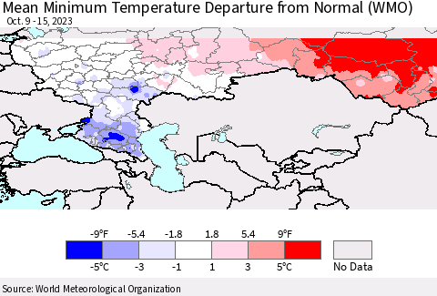 Russian Federation Mean Minimum Temperature Departure from Normal (WMO) Thematic Map For 10/9/2023 - 10/15/2023