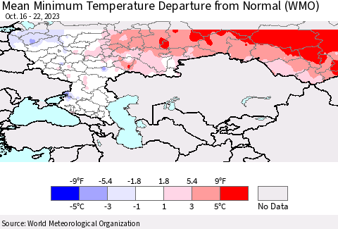 Russian Federation Mean Minimum Temperature Departure from Normal (WMO) Thematic Map For 10/16/2023 - 10/22/2023