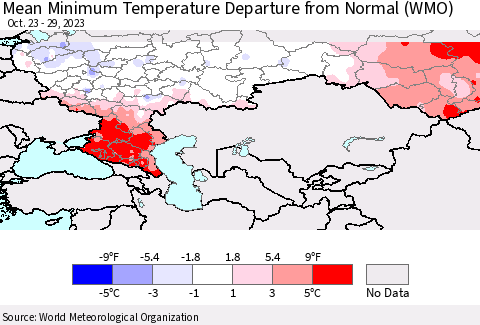 Russian Federation Mean Minimum Temperature Departure from Normal (WMO) Thematic Map For 10/23/2023 - 10/29/2023