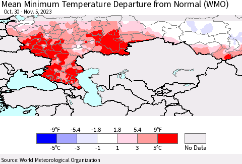 Russian Federation Mean Minimum Temperature Departure from Normal (WMO) Thematic Map For 10/30/2023 - 11/5/2023