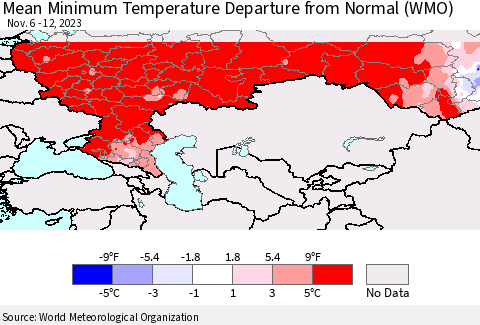 Russian Federation Mean Minimum Temperature Departure from Normal (WMO) Thematic Map For 11/6/2023 - 11/12/2023