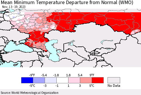Russian Federation Mean Minimum Temperature Departure from Normal (WMO) Thematic Map For 11/13/2023 - 11/19/2023