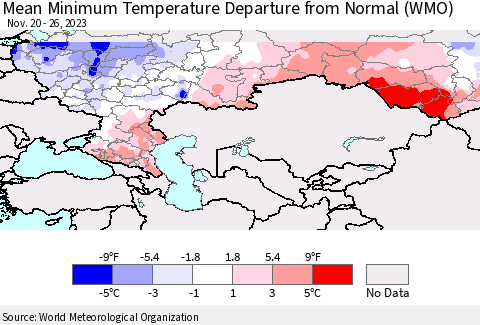 Russian Federation Mean Minimum Temperature Departure from Normal (WMO) Thematic Map For 11/20/2023 - 11/26/2023