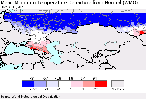 Russian Federation Mean Minimum Temperature Departure from Normal (WMO) Thematic Map For 12/4/2023 - 12/10/2023