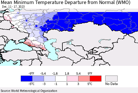 Russian Federation Mean Minimum Temperature Departure from Normal (WMO) Thematic Map For 12/11/2023 - 12/17/2023