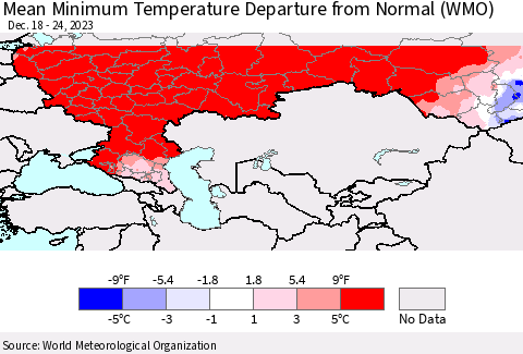 Russian Federation Mean Minimum Temperature Departure from Normal (WMO) Thematic Map For 12/18/2023 - 12/24/2023