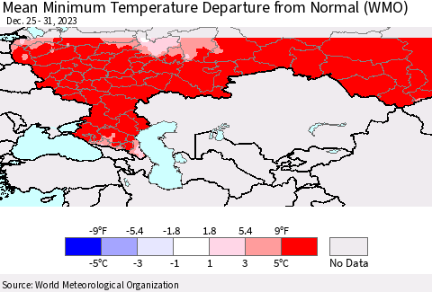 Russian Federation Mean Minimum Temperature Departure from Normal (WMO) Thematic Map For 12/25/2023 - 12/31/2023