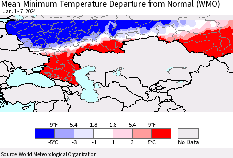 Russian Federation Mean Minimum Temperature Departure from Normal (WMO) Thematic Map For 1/1/2024 - 1/7/2024