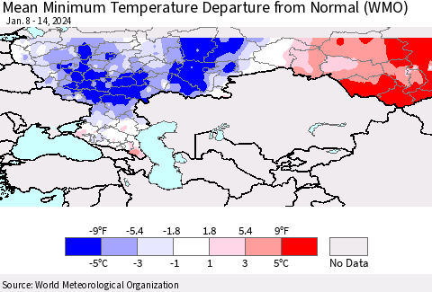 Russian Federation Mean Minimum Temperature Departure from Normal (WMO) Thematic Map For 1/8/2024 - 1/14/2024