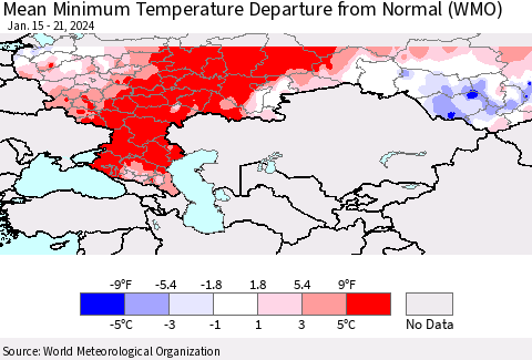 Russian Federation Mean Minimum Temperature Departure from Normal (WMO) Thematic Map For 1/15/2024 - 1/21/2024
