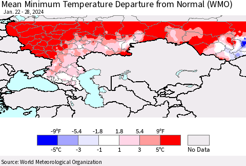 Russian Federation Mean Minimum Temperature Departure from Normal (WMO) Thematic Map For 1/22/2024 - 1/28/2024