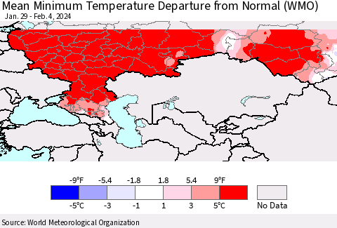 Russian Federation Mean Minimum Temperature Departure from Normal (WMO) Thematic Map For 1/29/2024 - 2/4/2024
