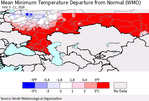 Russian Federation Mean Minimum Temperature Departure from Normal (WMO) Thematic Map For 2/5/2024 - 2/11/2024