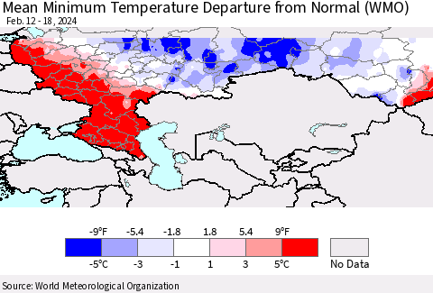Russian Federation Mean Minimum Temperature Departure from Normal (WMO) Thematic Map For 2/12/2024 - 2/18/2024