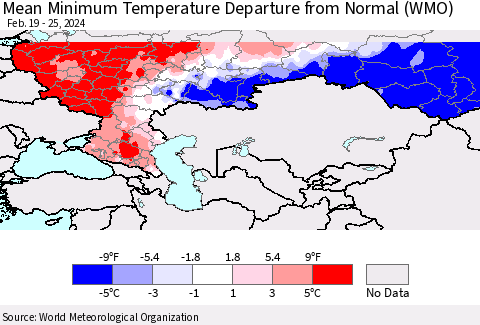 Russian Federation Mean Minimum Temperature Departure from Normal (WMO) Thematic Map For 2/19/2024 - 2/25/2024