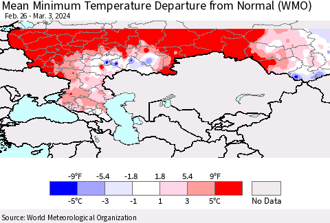 Russian Federation Mean Minimum Temperature Departure from Normal (WMO) Thematic Map For 2/26/2024 - 3/3/2024