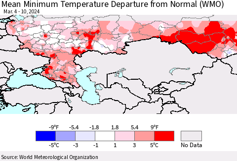 Russian Federation Mean Minimum Temperature Departure from Normal (WMO) Thematic Map For 3/4/2024 - 3/10/2024