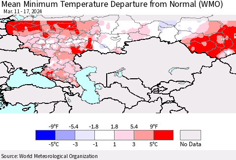 Russian Federation Mean Minimum Temperature Departure from Normal (WMO) Thematic Map For 3/11/2024 - 3/17/2024