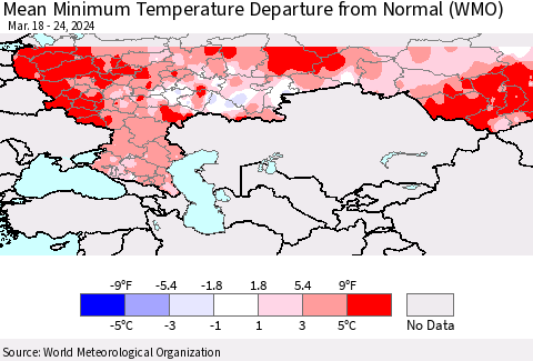 Russian Federation Mean Minimum Temperature Departure from Normal (WMO) Thematic Map For 3/18/2024 - 3/24/2024