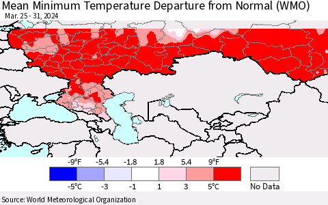 Russian Federation Mean Minimum Temperature Departure from Normal (WMO) Thematic Map For 3/25/2024 - 3/31/2024