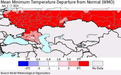 Russian Federation Mean Minimum Temperature Departure from Normal (WMO) Thematic Map For 4/1/2024 - 4/7/2024