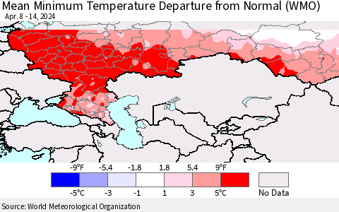 Russian Federation Mean Minimum Temperature Departure from Normal (WMO) Thematic Map For 4/8/2024 - 4/14/2024