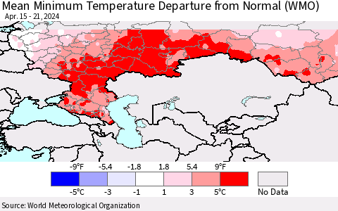Russian Federation Mean Minimum Temperature Departure from Normal (WMO) Thematic Map For 4/15/2024 - 4/21/2024