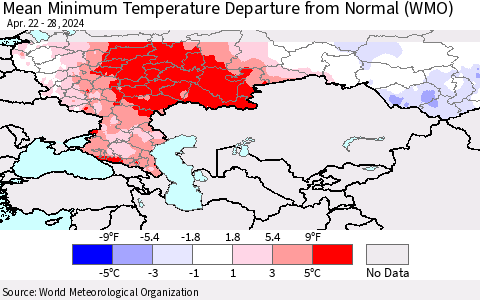Russian Federation Mean Minimum Temperature Departure from Normal (WMO) Thematic Map For 4/22/2024 - 4/28/2024