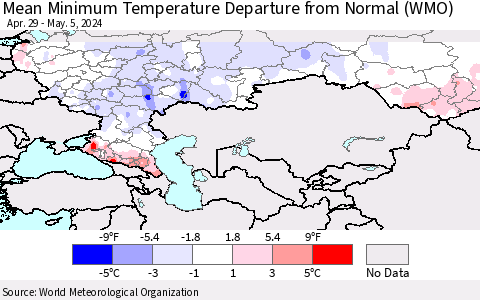 Russian Federation Mean Minimum Temperature Departure from Normal (WMO) Thematic Map For 4/29/2024 - 5/5/2024