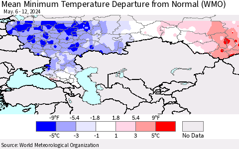 Russian Federation Mean Minimum Temperature Departure from Normal (WMO) Thematic Map For 5/6/2024 - 5/12/2024