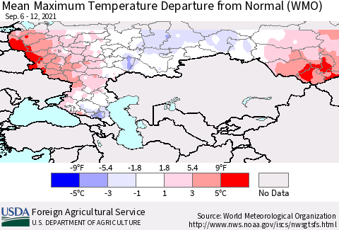 Russian Federation Mean Maximum Temperature Departure from Normal (WMO) Thematic Map For 9/6/2021 - 9/12/2021