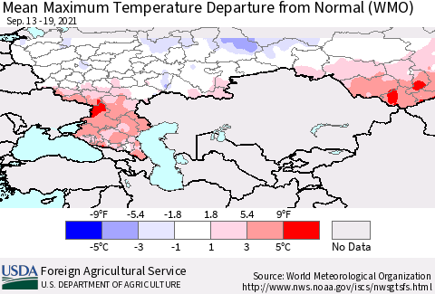 Russian Federation Mean Maximum Temperature Departure from Normal (WMO) Thematic Map For 9/13/2021 - 9/19/2021