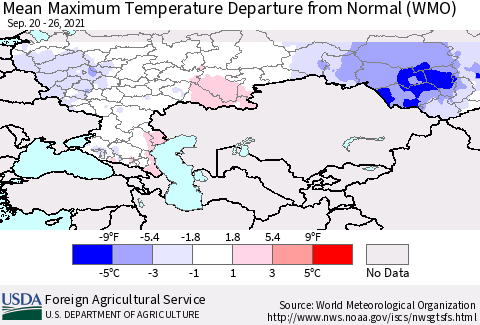 Russian Federation Mean Maximum Temperature Departure from Normal (WMO) Thematic Map For 9/20/2021 - 9/26/2021