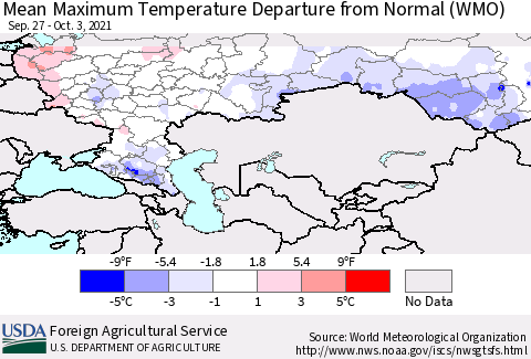 Russian Federation Mean Maximum Temperature Departure from Normal (WMO) Thematic Map For 9/27/2021 - 10/3/2021