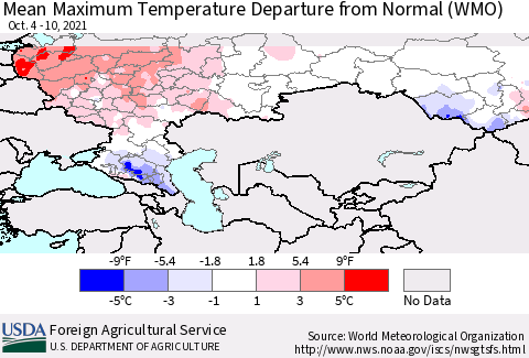 Russian Federation Mean Maximum Temperature Departure from Normal (WMO) Thematic Map For 10/4/2021 - 10/10/2021
