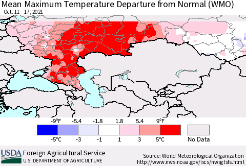 Russian Federation Mean Maximum Temperature Departure from Normal (WMO) Thematic Map For 10/11/2021 - 10/17/2021