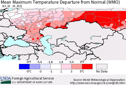 Russian Federation Mean Maximum Temperature Departure from Normal (WMO) Thematic Map For 10/18/2021 - 10/24/2021