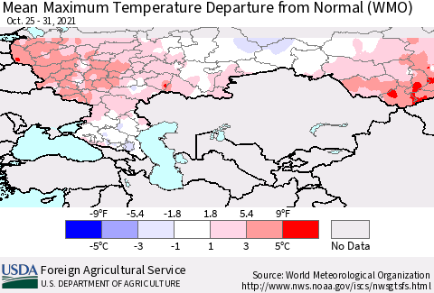 Russian Federation Mean Maximum Temperature Departure from Normal (WMO) Thematic Map For 10/25/2021 - 10/31/2021