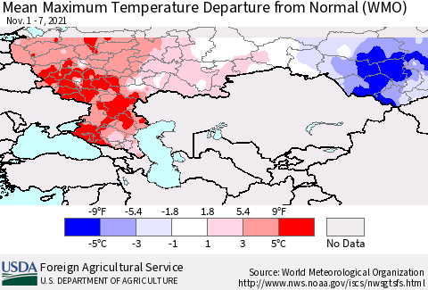 Russian Federation Mean Maximum Temperature Departure from Normal (WMO) Thematic Map For 11/1/2021 - 11/7/2021