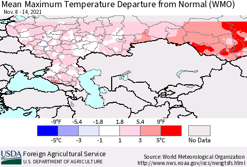 Russian Federation Mean Maximum Temperature Departure from Normal (WMO) Thematic Map For 11/8/2021 - 11/14/2021