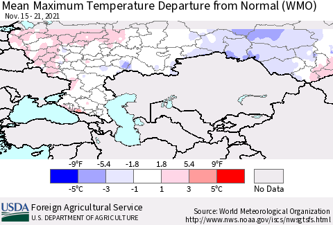 Russian Federation Mean Maximum Temperature Departure from Normal (WMO) Thematic Map For 11/15/2021 - 11/21/2021