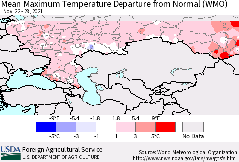Russian Federation Mean Maximum Temperature Departure from Normal (WMO) Thematic Map For 11/22/2021 - 11/28/2021