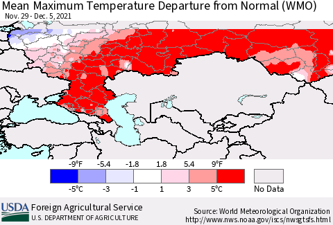 Russian Federation Mean Maximum Temperature Departure from Normal (WMO) Thematic Map For 11/29/2021 - 12/5/2021