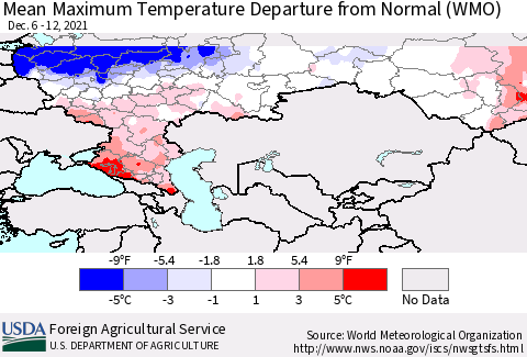 Russian Federation Mean Maximum Temperature Departure from Normal (WMO) Thematic Map For 12/6/2021 - 12/12/2021