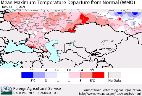 Russian Federation Mean Maximum Temperature Departure from Normal (WMO) Thematic Map For 12/13/2021 - 12/19/2021