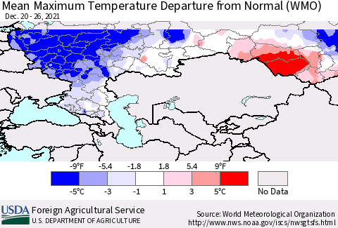 Russian Federation Mean Maximum Temperature Departure from Normal (WMO) Thematic Map For 12/20/2021 - 12/26/2021