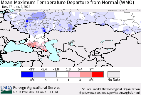 Russian Federation Mean Maximum Temperature Departure from Normal (WMO) Thematic Map For 12/27/2021 - 1/2/2022